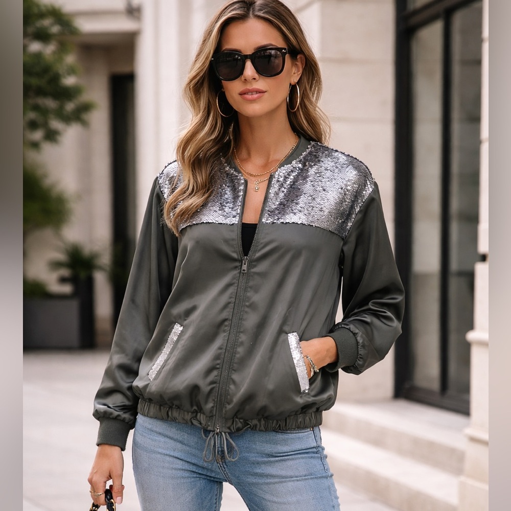 Democracy Charcoal Sateen Sequin Bomber Jacket | Drawstring|‎ Size Small